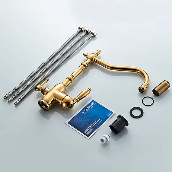 Смеситель для кухни ретро со встроенным краном под фильтр питьевой воды Ledeme L4555G-3 золотой, изображение 8