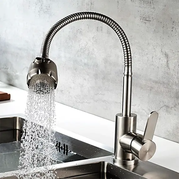 Смеситель для кухни Ledeme R L74304 с гибким изливом с душем суперсталь, изображение 4