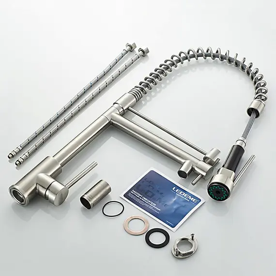 Смеситель для кухни с гибким изливом с душем Ledeme L76005-2 суперсталь, изображение 10