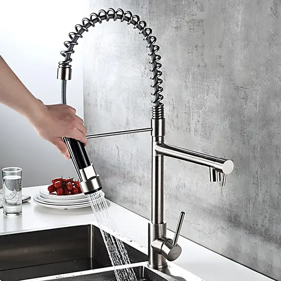 Смеситель для кухни с гибким изливом с душем Ledeme L76005-2 суперсталь, изображение 4