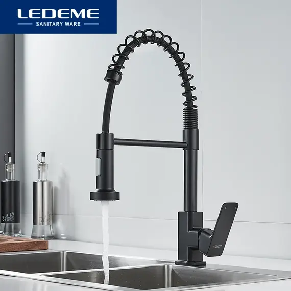 Смеситель для кухни с гибким изливом на пружине Ledeme L4080B черный, изображение 2