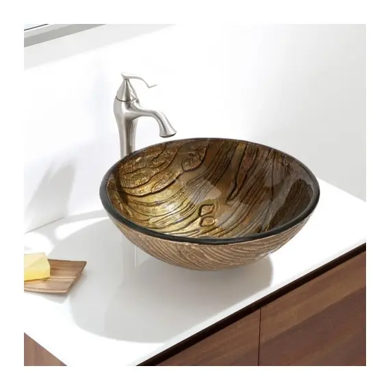 Накладная стеклянная раковина чаша (умывальник) Kraus Terra GV-395-19 (античное золото), изображение 8