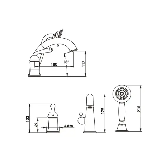 Встраиваемый смеситель на борт ванны с душем Rose R0212H, изображение 2