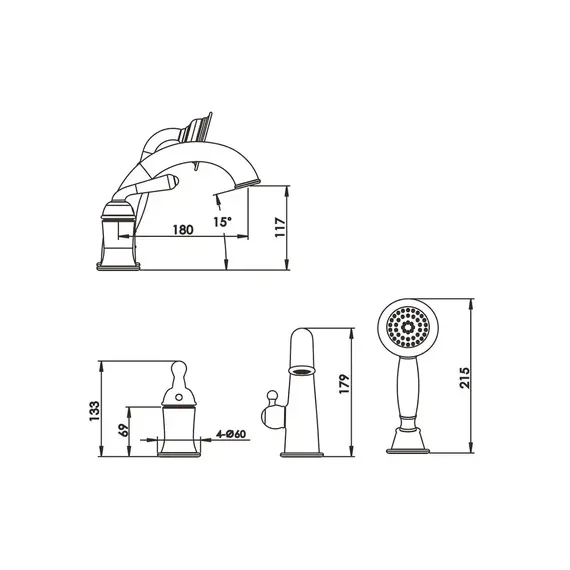 Встраиваемый смеситель на борт ванны с душем Rose R0212E, изображение 3