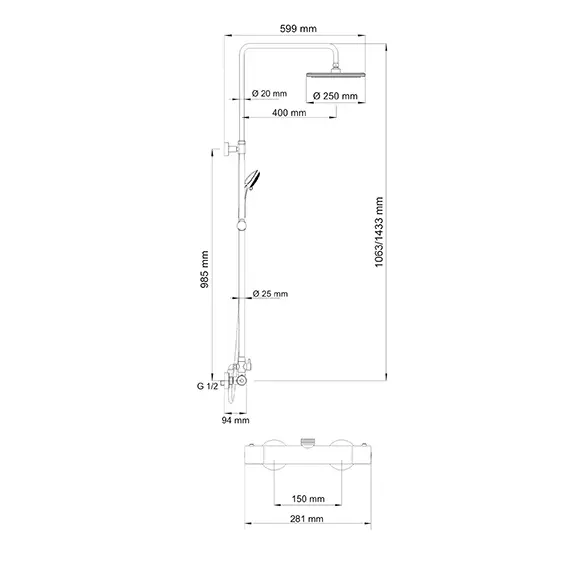 A13302 Thermo Душевой комплект с термостатическим смесителем для душA1063/1433 х 599 мм, 3-функц. ле, изображение 3