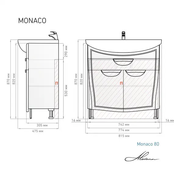 Тумба с раковиной 80 см Alavann Monaco, изображение 3